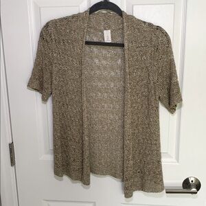 Jones New York crochet/ loose knit open front shirt sleeved cardigan tan size XS